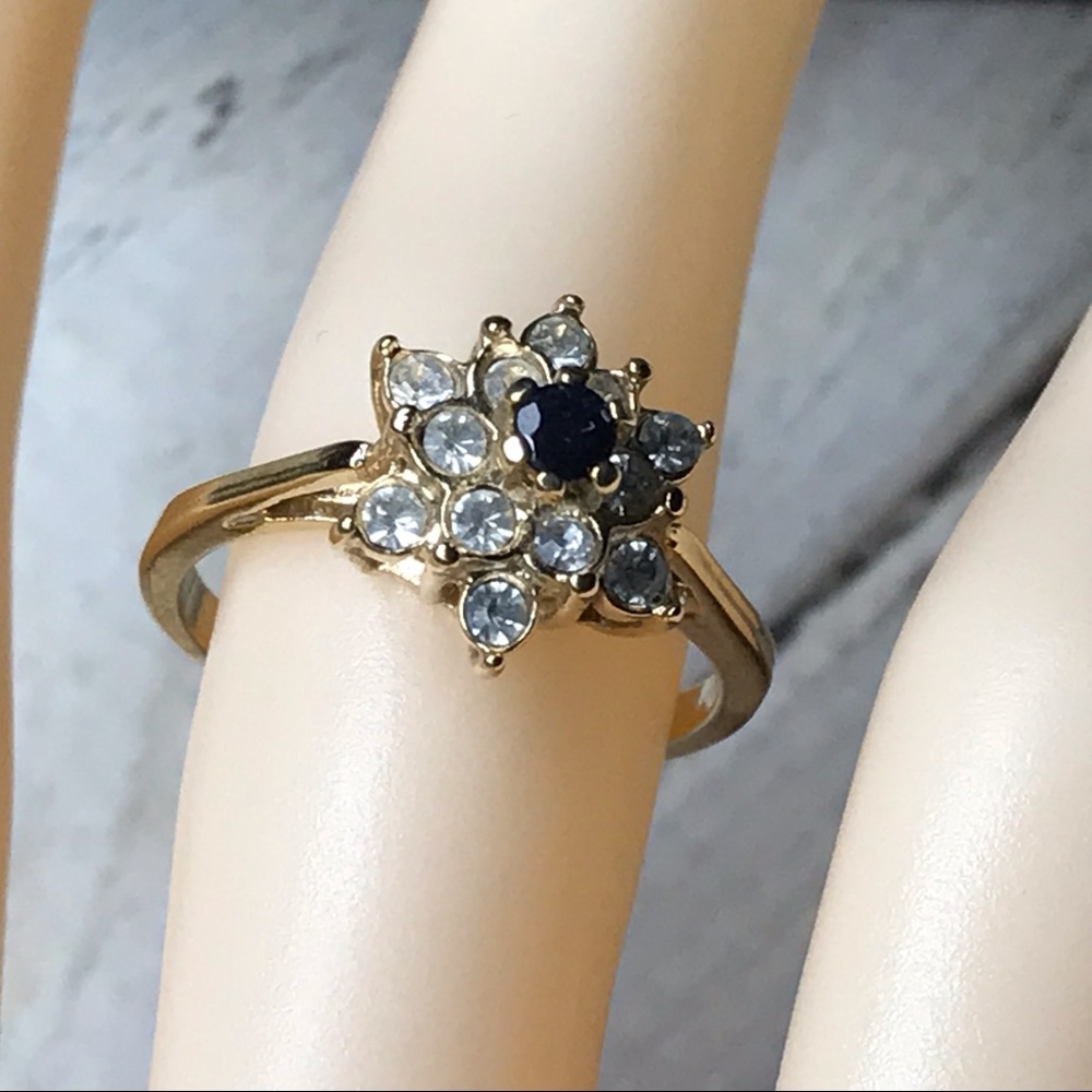 Gold plated dark sapphire snowflake ring size 7.5